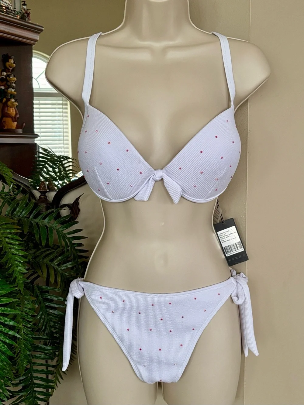 NWT White & Pink Studded Embellished Bikini High Cut 2-Piece Swim Push Up Bra